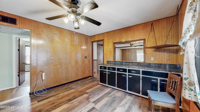116 E Southern Heights Ave, Louisville, KY 40214 - kitchen with wooden walls, light wood-style floors, ceiling fan, dark countertops, and dark cabinets