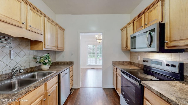4301 Juniper Forest Pl, Louisville, KY 40245 - kitchen featuring appliances with stainless steel finishes, dark wood-style floors, tasteful backsplash, and light brown cabinets