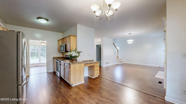 4301 Juniper Forest Pl, Louisville, KY 40245 - kitchen with stainless steel appliances, dark wood finished floors, a chandelier, and light brown cabinets