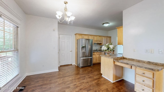 4301 Juniper Forest Pl, Louisville, KY 40245 - kitchen featuring stainless steel fridge, light brown cabinets, built in desk, dark wood-style flooring, and a peninsula