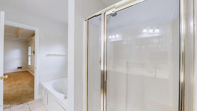 4301 Juniper Forest Pl, Louisville, KY 40245 - full bath with tile patterned floors, a shower stall, a jetted tub, and ornamental molding
