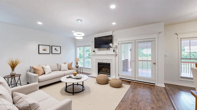 4301 Juniper Forest Pl, Louisville, KY 40245 - living room featuring dark wood finished floors, a fireplace with flush hearth, and recessed lighting