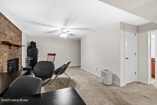 1376 Darlene Ct, Radcliff, KY 40160 - living area with light carpet, a ceiling fan, a textured ceiling, and a brick fireplace
