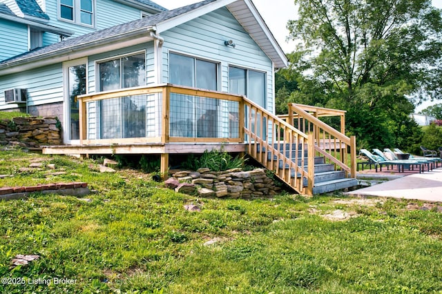 3591 Bardstown Rd, Lawrenceburg, KY 40342 - view of property exterior with a shingled roof, a wooden deck, and a patio