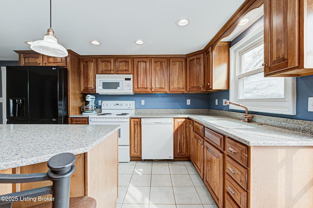 3591 Bardstown Rd, Lawrenceburg, KY 40342 - kitchen featuring white appliances, light tile patterned floors, light stone countertops, decorative light fixtures, and recessed lighting