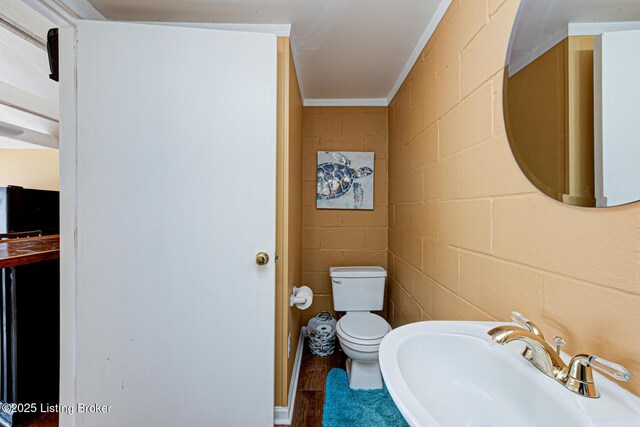 3591 Bardstown Rd, Lawrenceburg, KY 40342 - half bathroom featuring ornamental molding, concrete block wall, and wood finished floors