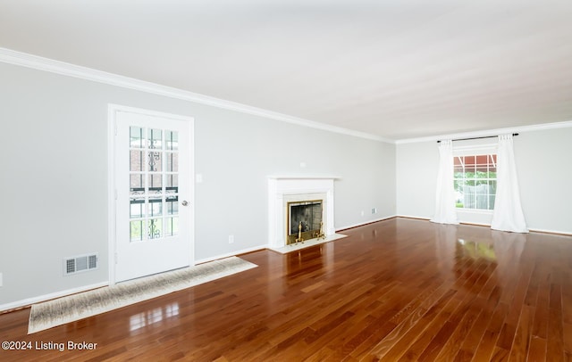 8613 Whipps Bend Rd, Bellemeade, KY 40222 - unfurnished living room with wood finished floors, crown molding, a fireplace with flush hearth, and plenty of natural light