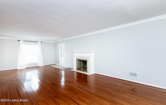 8613 Whipps Bend Rd, Bellemeade, KY 40222 - unfurnished living room with ornamental molding, a premium fireplace, and wood finished floors