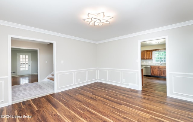 8613 Whipps Bend Rd, Bellemeade, KY 40222 - unfurnished dining area featuring dark wood finished floors, ornamental molding, and stairs