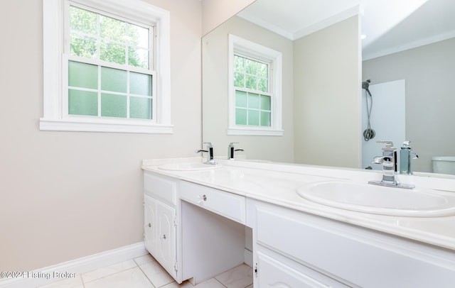 8613 Whipps Bend Rd, Bellemeade, KY 40222 - full bathroom featuring double vanity, ornamental molding, and tile patterned flooring