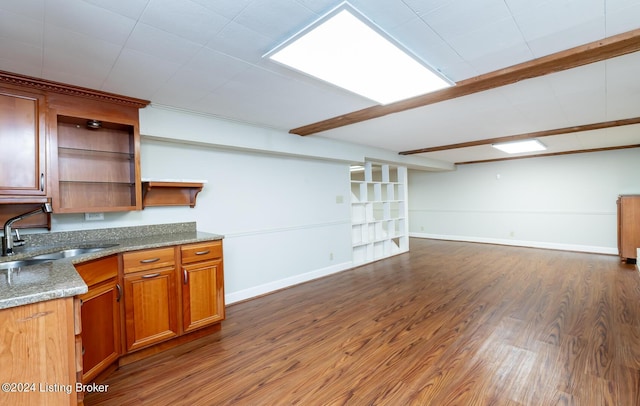 8613 Whipps Bend Rd, Bellemeade, KY 40222 - kitchen with open shelves, dark wood-type flooring, light stone countertops, and brown cabinets