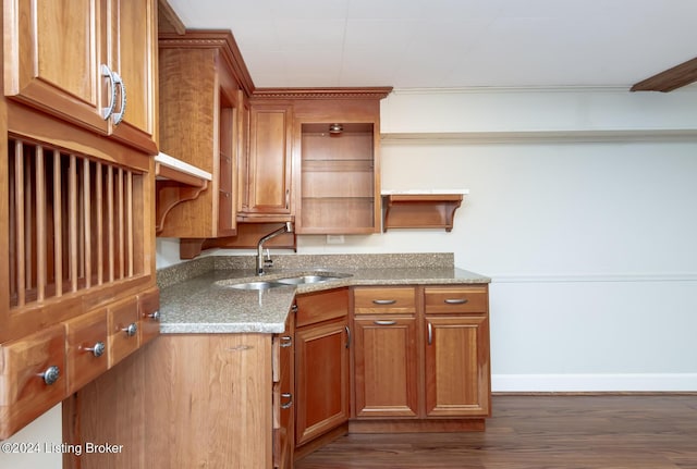 8613 Whipps Bend Rd, Bellemeade, KY 40222 - kitchen with open shelves, light stone countertops, dark wood-style flooring, brown cabinets, and crown molding