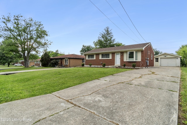 6325 Hackberry Way, Louisville, KY 40229 - ranch-style house with brick siding, an outdoor structure, concrete driveway, a front yard, and a detached garage