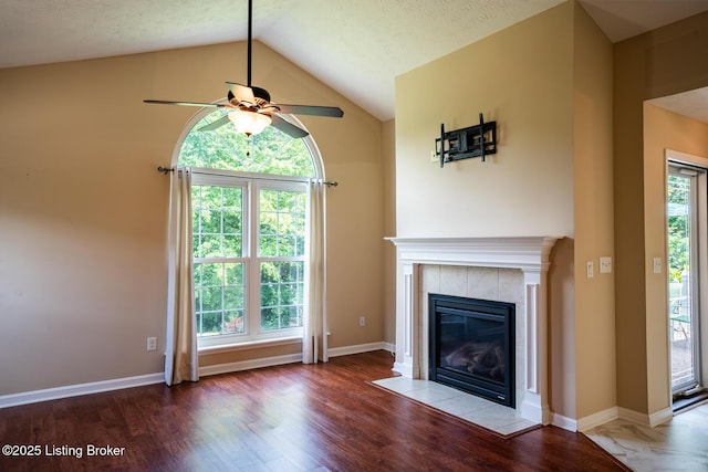 1003 Persimmon Pl, La Grange, KY 40031 - unfurnished living room featuring ceiling fan, wood finished floors, a fireplace, and lofted ceiling