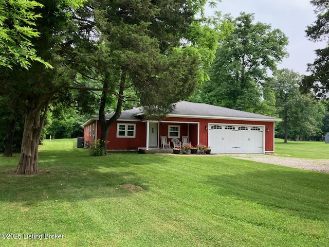 1102 W Hebron Ln, Shepherdsville, KY 40165 - single story home featuring gravel driveway, a garage, covered porch, and a front yard