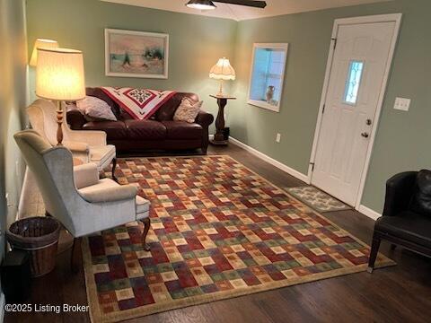 1102 W Hebron Ln, Shepherdsville, KY 40165 - living room featuring wood finished floors and a ceiling fan
