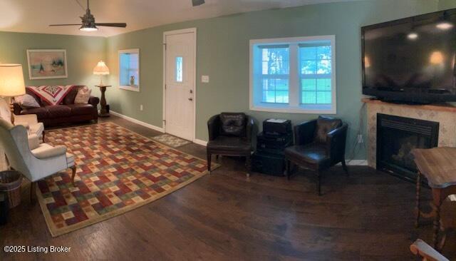 1102 W Hebron Ln, Shepherdsville, KY 40165 - living room with a ceiling fan, wood finished floors, and a fireplace