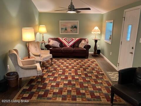 1102 W Hebron Ln, Shepherdsville, KY 40165 - living room featuring a ceiling fan, wood finished floors, and vaulted ceiling