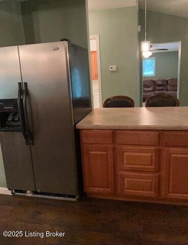 1102 W Hebron Ln, Shepherdsville, KY 40165 - kitchen with stainless steel refrigerator with ice dispenser, light countertops, lofted ceiling, and ceiling fan