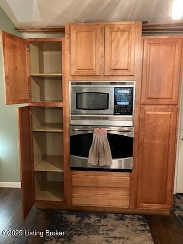 1102 W Hebron Ln, Shepherdsville, KY 40165 - kitchen with appliances with stainless steel finishes, dark wood-type flooring, open shelves, and lofted ceiling
