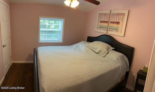 1102 W Hebron Ln, Shepherdsville, KY 40165 - bedroom featuring dark wood-style flooring, a ceiling fan, and vaulted ceiling