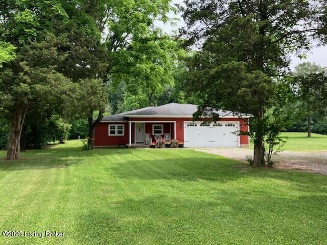 1102 W Hebron Ln, Shepherdsville, KY 40165 - ranch-style house featuring driveway, a garage, a front yard, and a porch