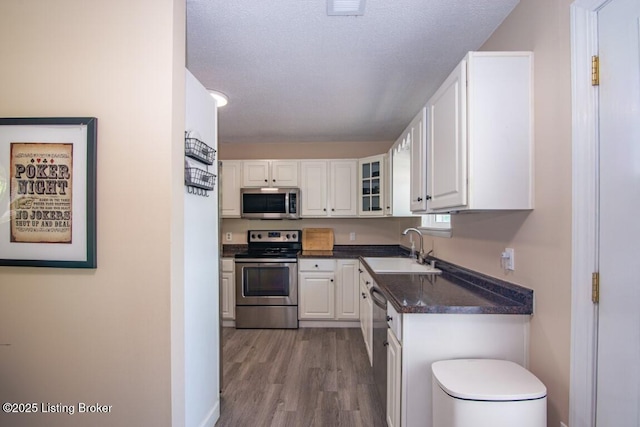 10563 S Dixie Hwy, Sonora, KY 42776 - kitchen with stainless steel appliances, white cabinets, wood finished floors, glass insert cabinets, and a textured ceiling