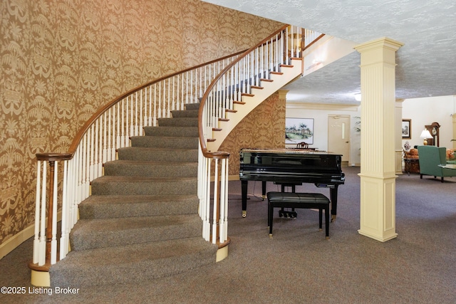 5800 Coach Gate Wynde Unit 312D, Louisville, KY 40207 - stairway featuring wallpapered walls, decorative columns, carpet, and a textured ceiling