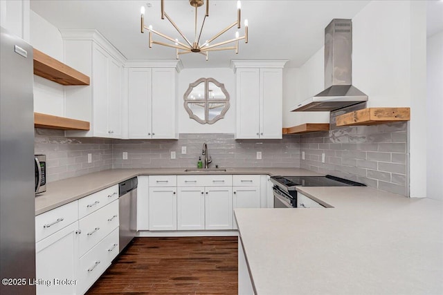 5800 Coach Gate Wynde Unit 312D, Louisville, KY 40207 - kitchen with extractor fan, open shelves, appliances with stainless steel finishes, light countertops, and white cabinetry