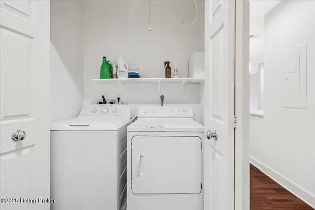 5800 Coach Gate Wynde Unit 312D, Louisville, KY 40207 - laundry room with separate washer and dryer, electric panel, and dark wood-style flooring