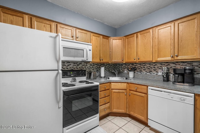 6711 Gunston Ln Unit H10, Prospect, KY 40059 - kitchen with white appliances, decorative backsplash, light tile patterned floors, and a textured ceiling