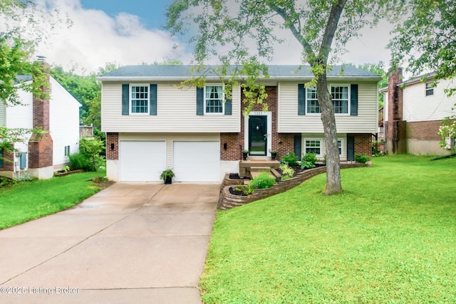 7327 Sideoats Dr, Crestwood, KY 40014 - bi-level home with an attached garage, concrete driveway, brick siding, and a front lawn