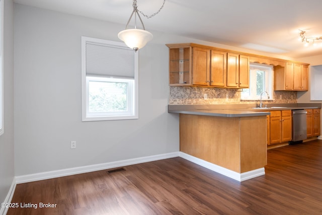7210 River Rd, Prospect, KY 40059 - kitchen featuring stainless steel dishwasher, dark wood-type flooring, decorative backsplash, open shelves, and hanging light fixtures