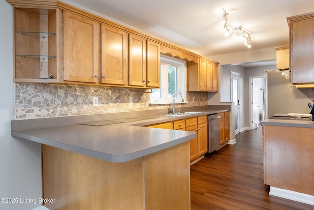 7210 River Rd, Prospect, KY 40059 - kitchen with dishwasher, a peninsula, open shelves, tasteful backsplash, and dark wood-style floors