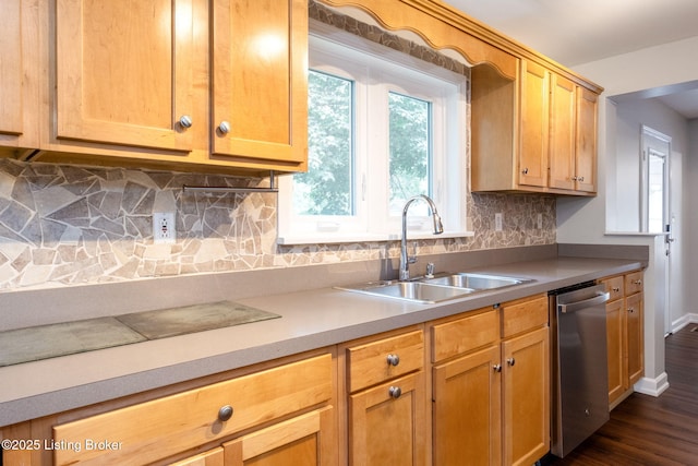 7210 River Rd, Prospect, KY 40059 - kitchen with dishwasher, tasteful backsplash, light countertops, and dark wood-style floors