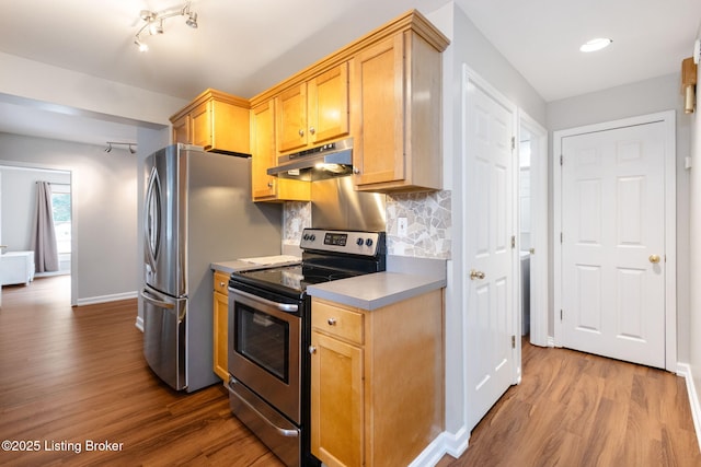 7210 River Rd, Prospect, KY 40059 - kitchen with under cabinet range hood, appliances with stainless steel finishes, wood finished floors, and light brown cabinets