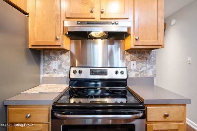7210 River Rd, Prospect, KY 40059 - kitchen featuring stainless steel range with electric cooktop, under cabinet range hood, and tasteful backsplash
