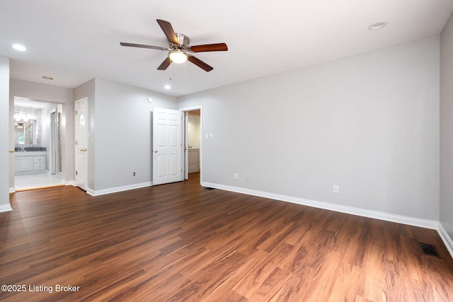 7210 River Rd, Prospect, KY 40059 - unfurnished bedroom with dark wood finished floors, recessed lighting, connected bathroom, and ceiling fan