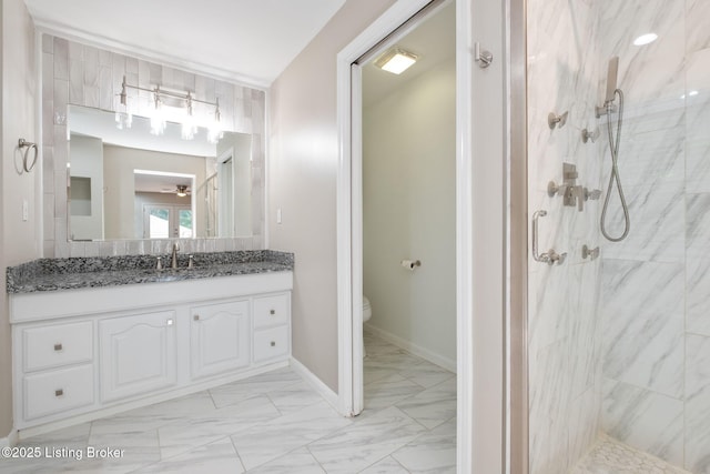 7210 River Rd, Prospect, KY 40059 - bathroom featuring marble look tiles, a marble finish shower, and vanity