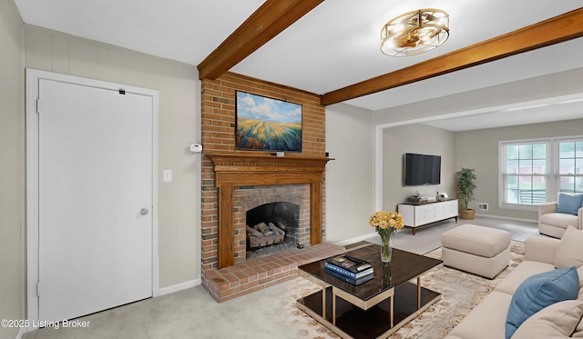 2204 Renown Dr, Jeffersontown, KY 40299 - carpeted living area featuring beam ceiling and a fireplace