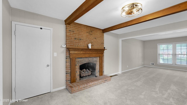 2204 Renown Dr, Jeffersontown, KY 40299 - unfurnished living room with carpet flooring, a fireplace, and beam ceiling