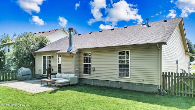 9511 Arrowridge Dr, Louisville, KY 40229 - back of property featuring a patio, a shingled roof, and outdoor lounge area