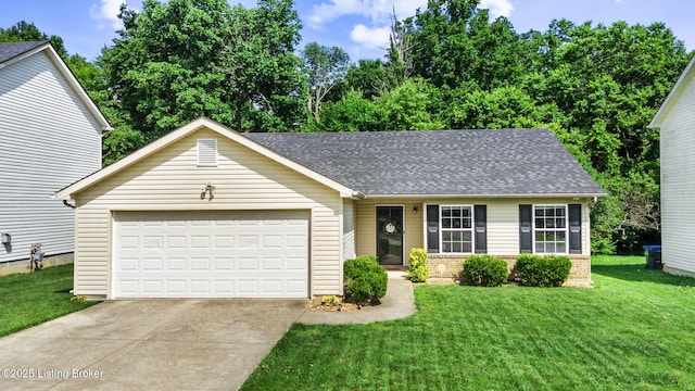 9511 Arrowridge Dr, Louisville, KY 40229 - view of front of house with driveway, a garage, roof with shingles, and a front lawn