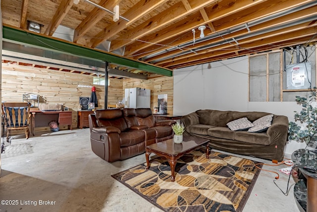 6102 Dalia Ct, Louisville, KY 40272 - living room with concrete flooring and wooden walls
