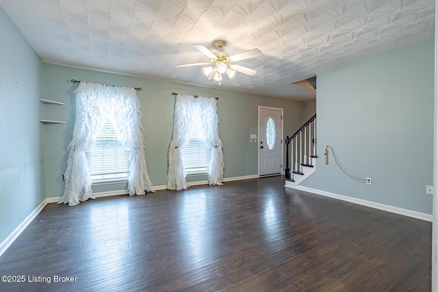 6102 Dalia Ct, Louisville, KY 40272 - unfurnished living room featuring a ceiling fan, stairs, and wood finished floors