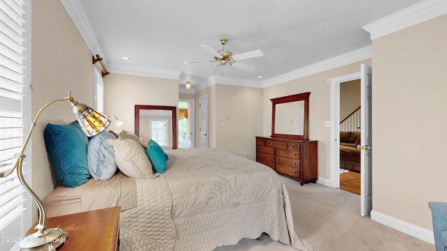 17217 Mallet Hill Dr, Louisville, KY 40245 - bedroom featuring light colored carpet, recessed lighting, ornamental molding, and ceiling fan
