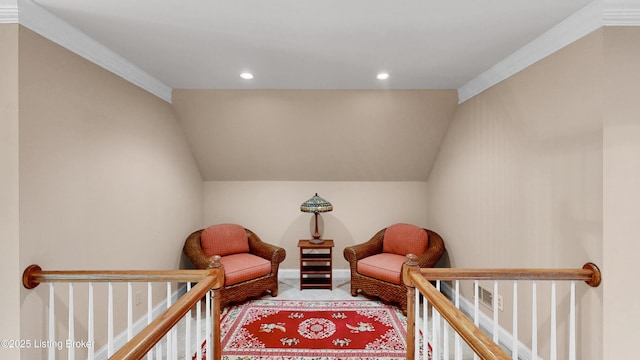 17217 Mallet Hill Dr, Louisville, KY 40245 - living area with an upstairs landing, carpet flooring, vaulted ceiling, and recessed lighting