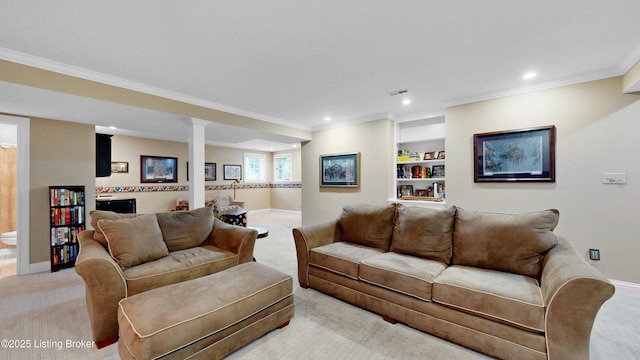 17217 Mallet Hill Dr, Louisville, KY 40245 - living area with light colored carpet, crown molding, recessed lighting, and built in shelves