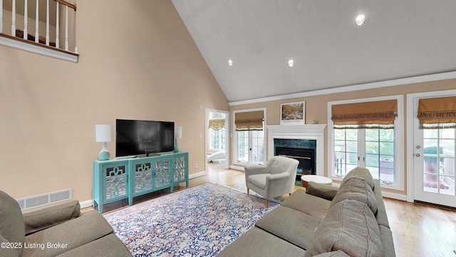 17217 Mallet Hill Dr, Louisville, KY 40245 - living area featuring wood finished floors, recessed lighting, high vaulted ceiling, and a fireplace