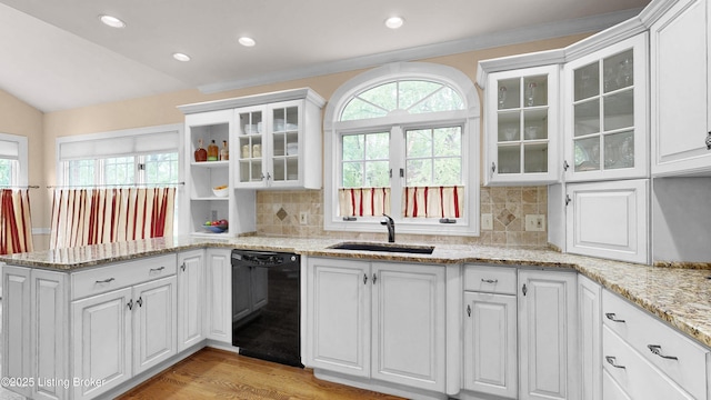 17217 Mallet Hill Dr, Louisville, KY 40245 - kitchen featuring black dishwasher, white cabinetry, lofted ceiling, a peninsula, and backsplash